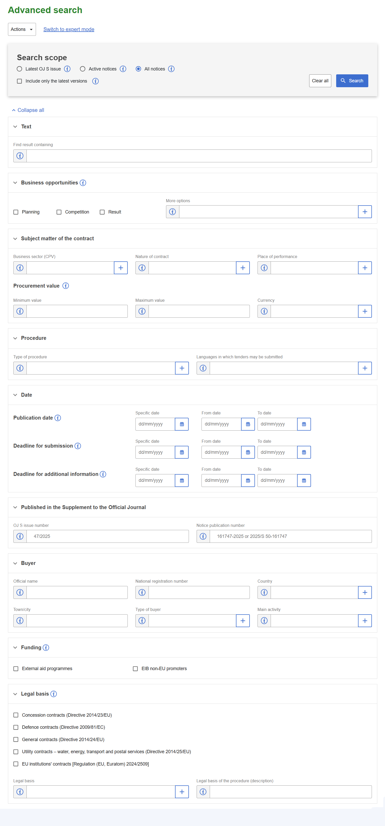 TED Advanced Search form showing multiple collapsed filter sections including CPV codes, country, value range, notice type and deadline