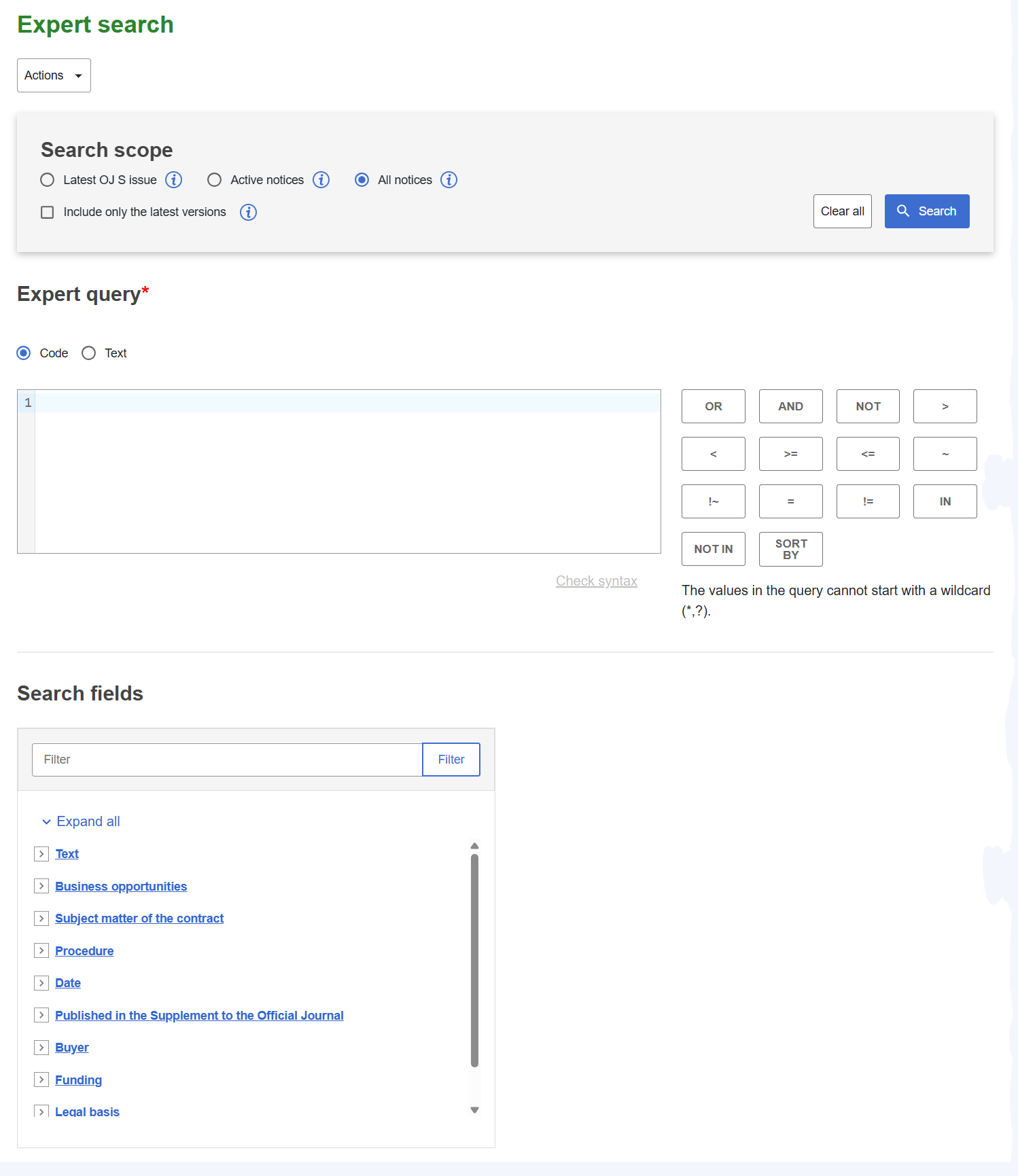 TED Expert Search page showing a raw query input field with example Boolean query syntax