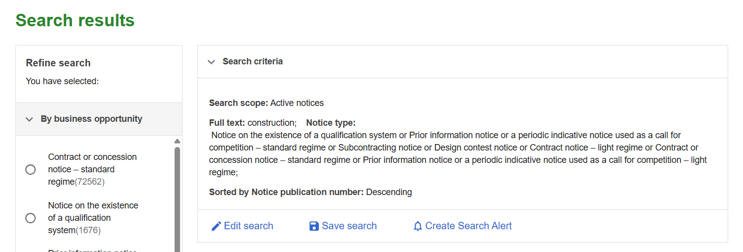 TED search results page showing list of tender notices with RSS feed icon and Save Search button highlighted